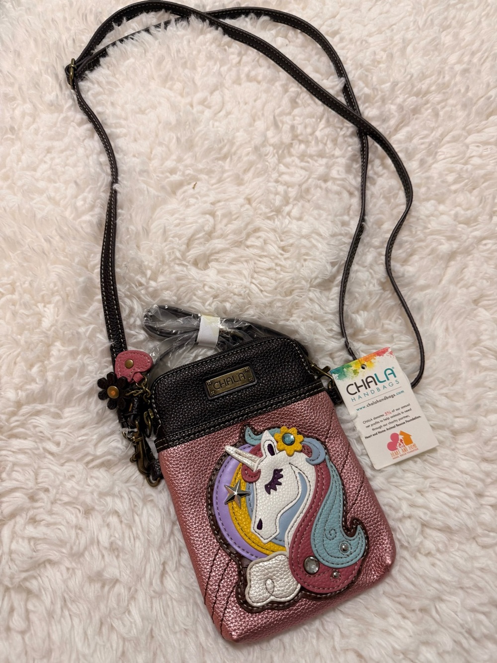 Chala pink and black unicorn cellphone crossbody handbag NWT